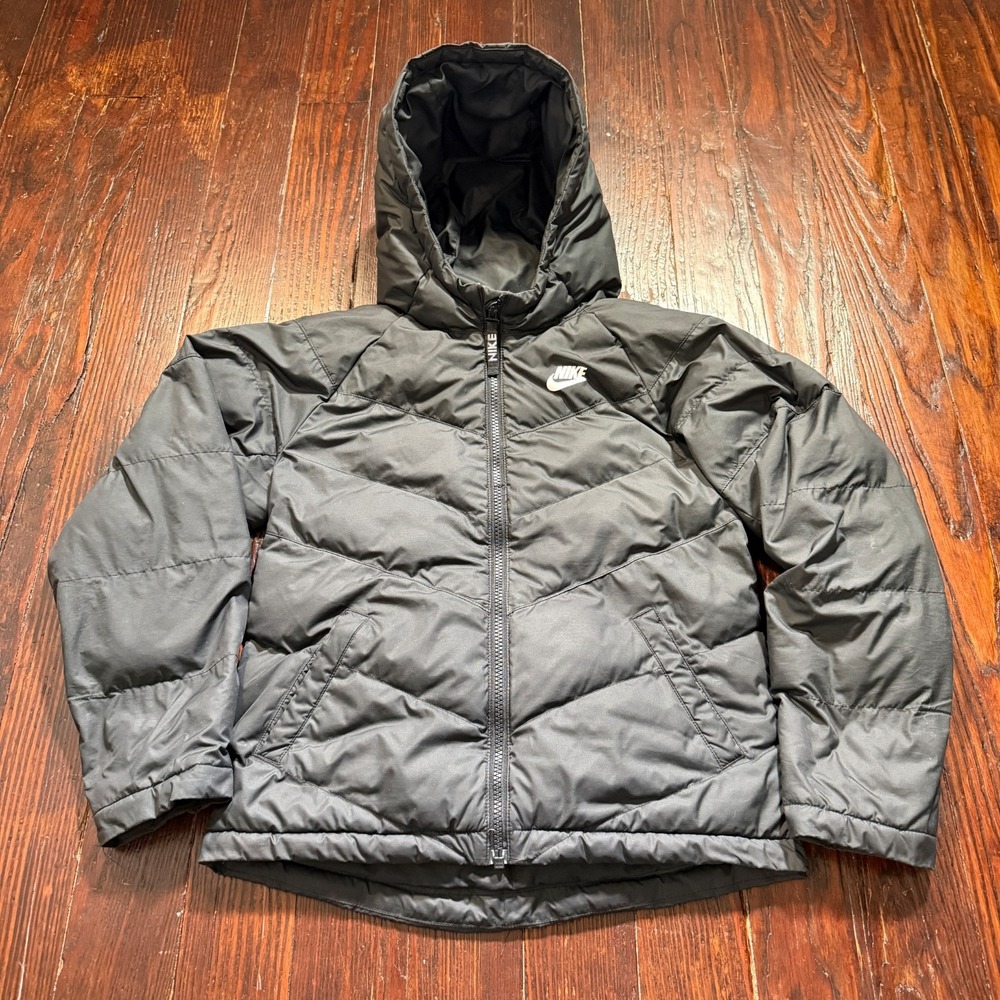 Nike‎ Jacket Youth Kids M Black Hooded Puffer Synthetic Fill Swoosh CU9157-010